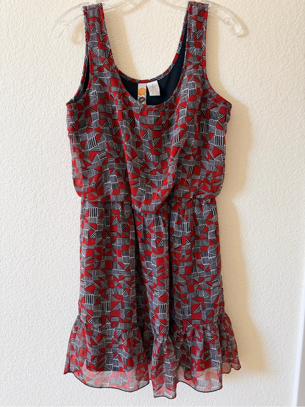 Mimi Chica Red and Black Geometric Sleeveless Dress with Cute Belt (Size M)